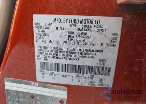 2007 Ford Edge Sel z USA, uszkodzony, nr VIN 2FMDK38CX7BA63221